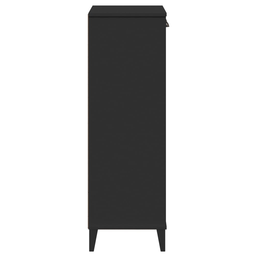 Black engineered wood shoe cabinet with doors and shelf, stores 10 pairs.