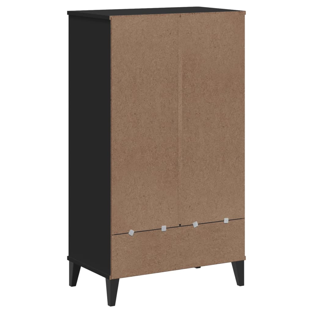 Black engineered wood shoe cabinet with two doors and open shelf, stores 10 pairs.