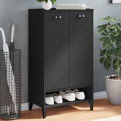 Black engineered wood shoe cabinet with two doors, open bottom shelf, and top surface.