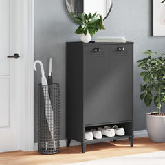 Anthracite gray engineered wood shoe cabinet with two doors, open shelf, and handles in an entryway setting.