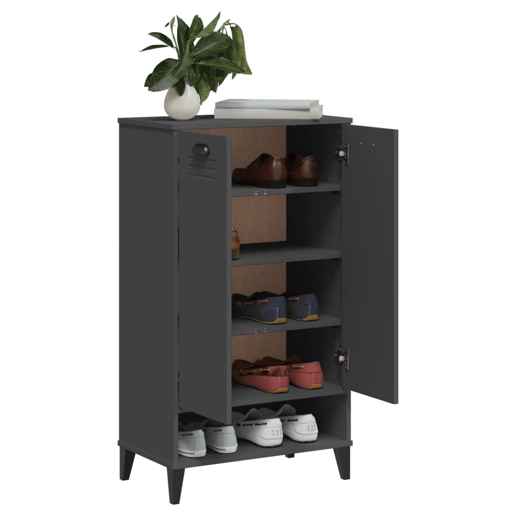 Anthracite gray engineered wood shoe cabinet with two doors, shelves, and shoes inside.