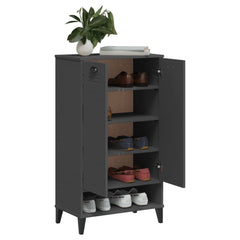 Anthracite gray engineered wood shoe cabinet with two doors, shelves, and shoes inside.