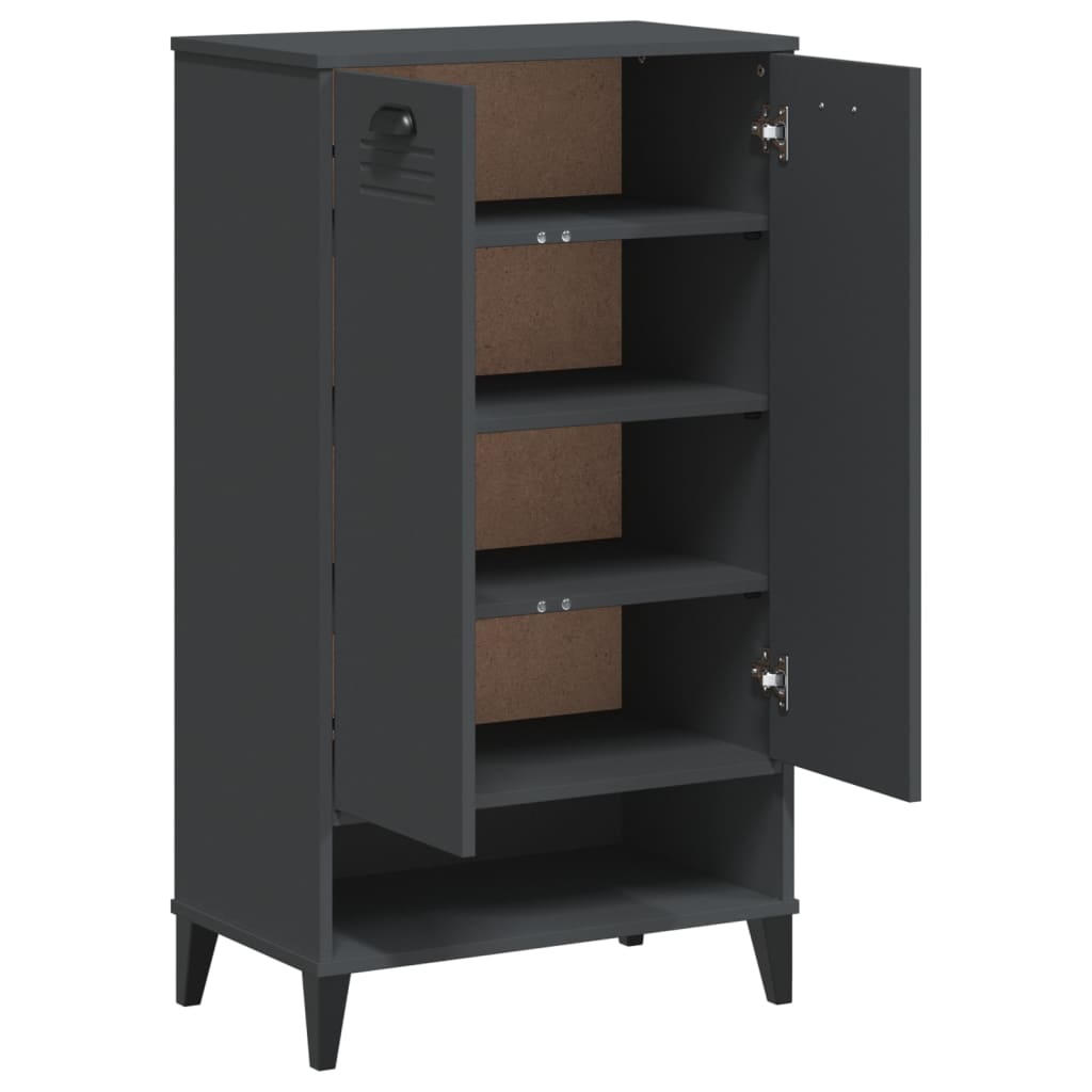 Anthracite gray engineered wood shoe cabinet with open doors revealing three shelves.