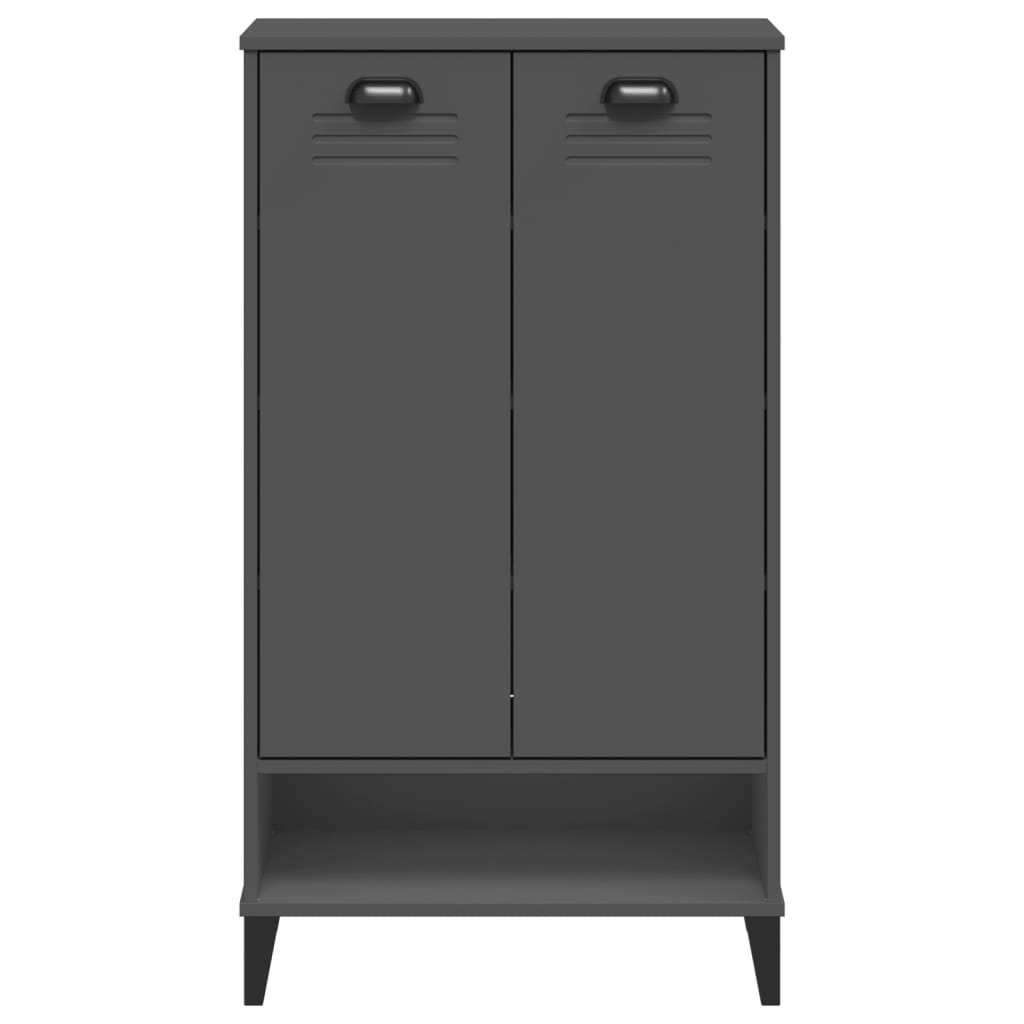 Anthracite gray engineered wood shoe cabinet with two doors and open bottom shelf.