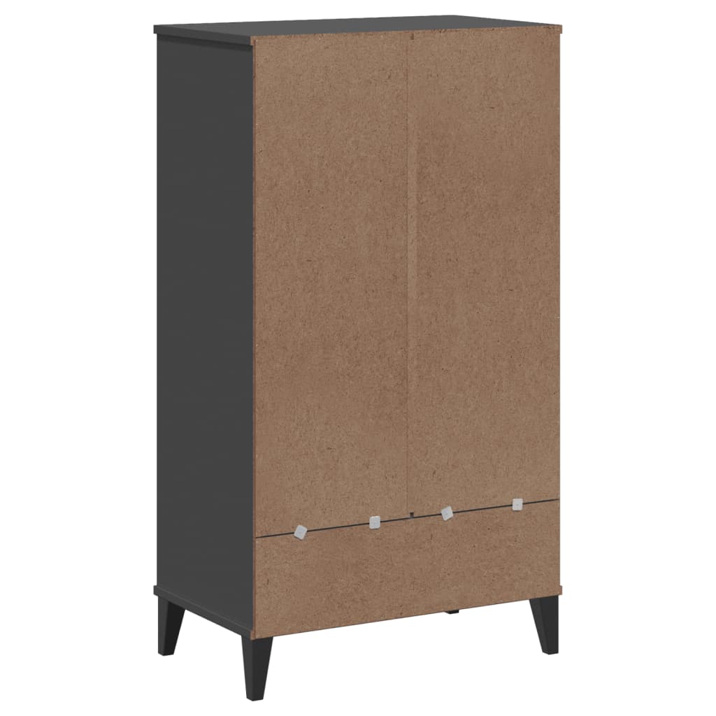 Anthracite gray engineered wood shoe cabinet with two doors, open shelf, and black legs.