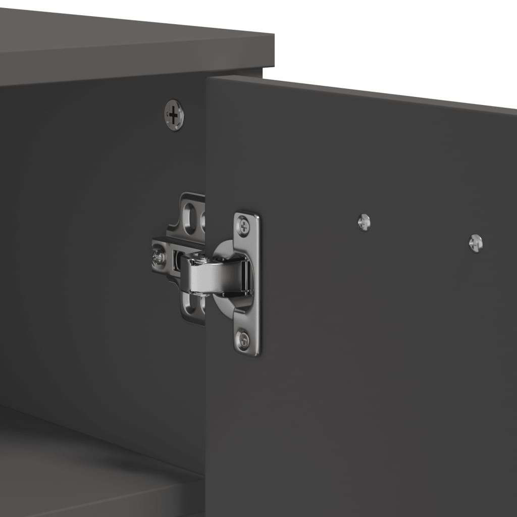 Anthracite gray engineered wood shoe cabinet with open door revealing interior shelves.