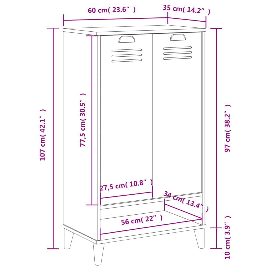 Anthracite gray engineered wood shoe cabinet with two doors and open shelf, 107 cm tall.
