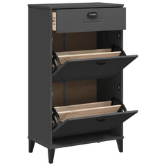 Anthracite gray engineered wood shoe cabinet with open flip drawers revealing shoe storage.