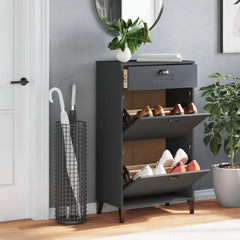 Anthracite gray engineered wood shoe cabinet with three flip drawers and shoes inside.