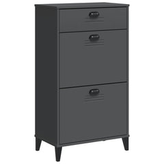 Anthracite gray engineered wood shoe cabinet with three flip-drawers and plastic handles.