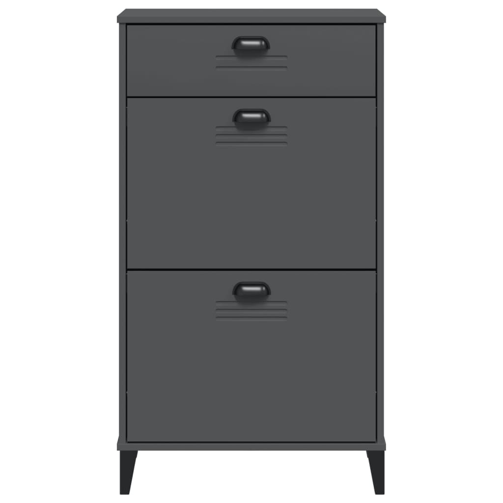 Anthracite gray engineered wood shoe cabinet with three drawers and slim legs.