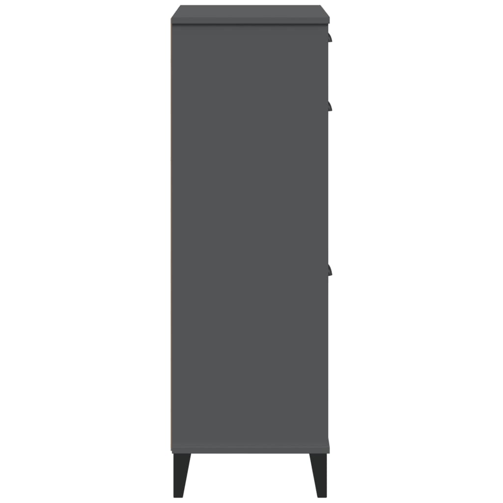 Anthracite gray engineered wood shoe cabinet with three flip-drawers and plastic handles.