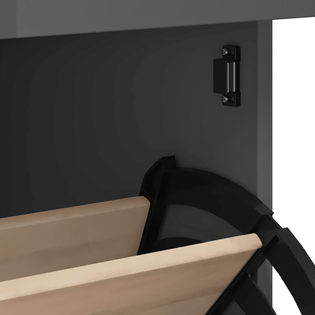 Anthracite gray engineered wood shoe cabinet with open flip-drawer revealing shoe storage.