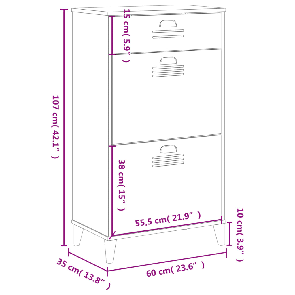 Anthracite gray engineered wood shoe cabinet with three flip drawers and plastic handles.