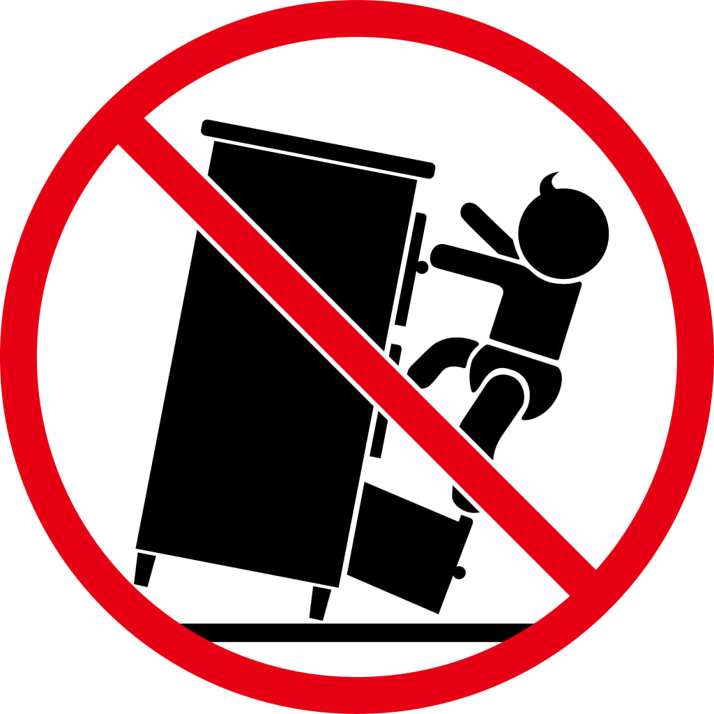 Red prohibition sign showing a child tipping over a shoe cabinet.