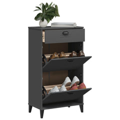 Anthracite gray engineered wood shoe cabinet with three flip drawers for storing shoes.