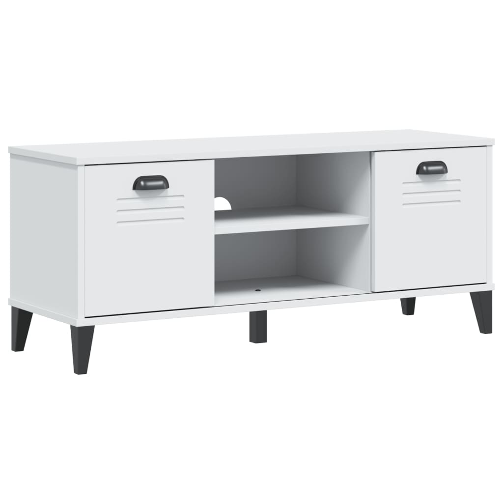 A white shoe bench with two closed compartments and two open shelves.