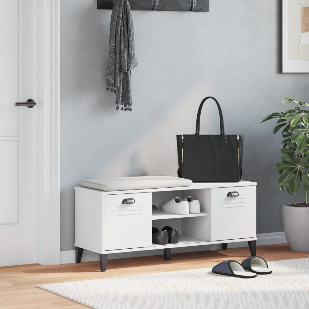 White Viken shoe bench with louvered doors, open shelves, and cushioned top.