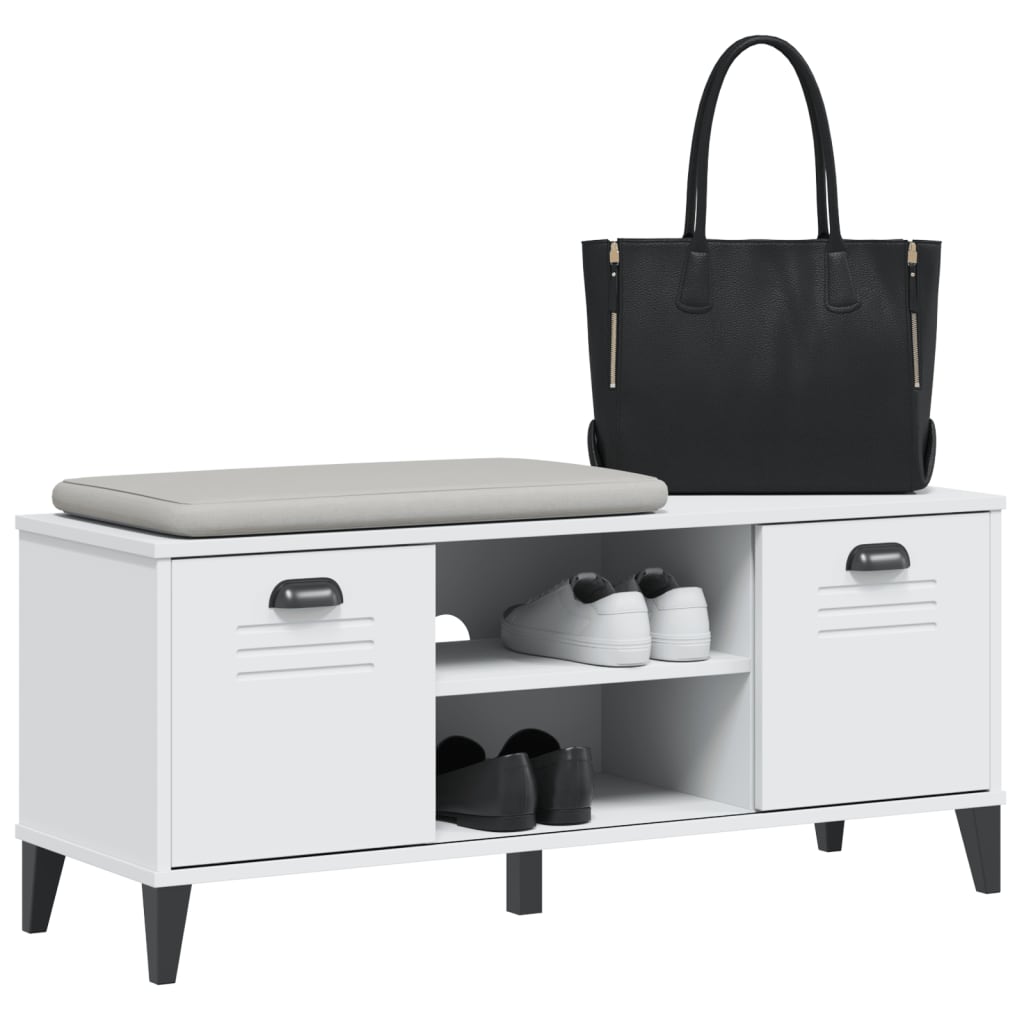 White Viken shoe bench with gray cushioned seat, two louvered doors, open shoe compartments, and a black handbag on top.
