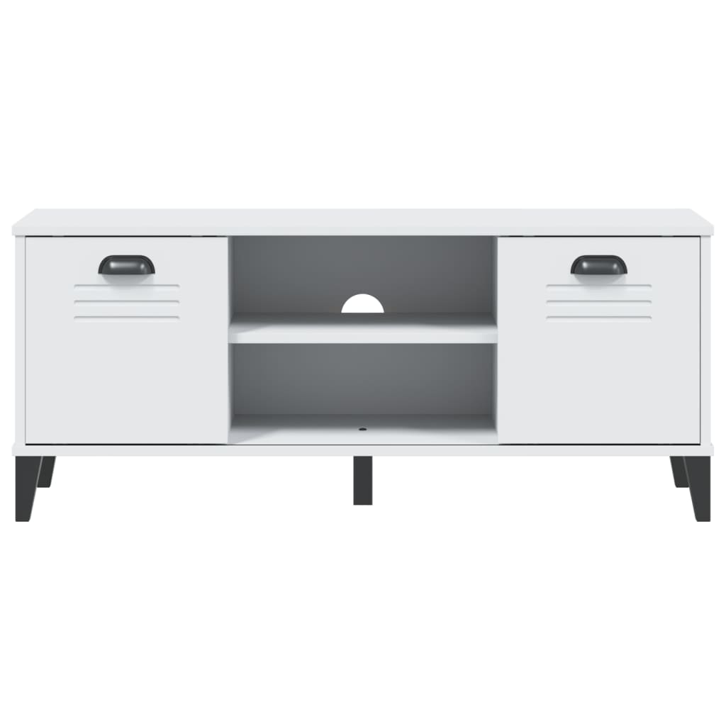 White Viken shoe bench made of engineered wood, measuring 41.7x13.8x17.7 inches, with louvered doors and open compartments.