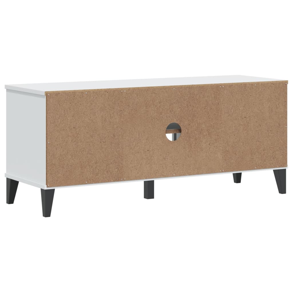 White Viken shoe bench made of engineered wood, measuring 41.7x13.8x17.7 inches, with louvered doors and open compartments.