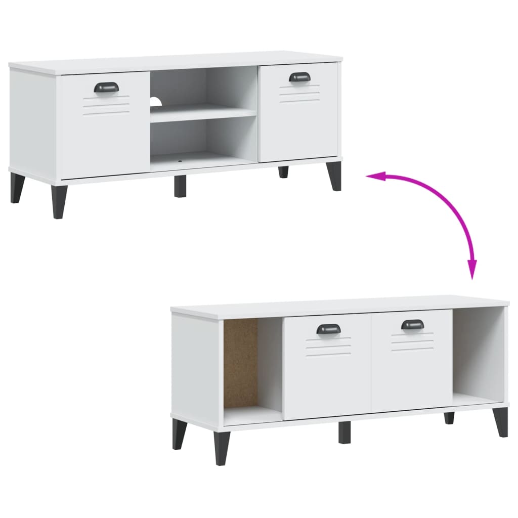 White Viken shoe bench made of engineered wood, with louvered doors and open compartments, 41.7x13.8x17.7 inches.