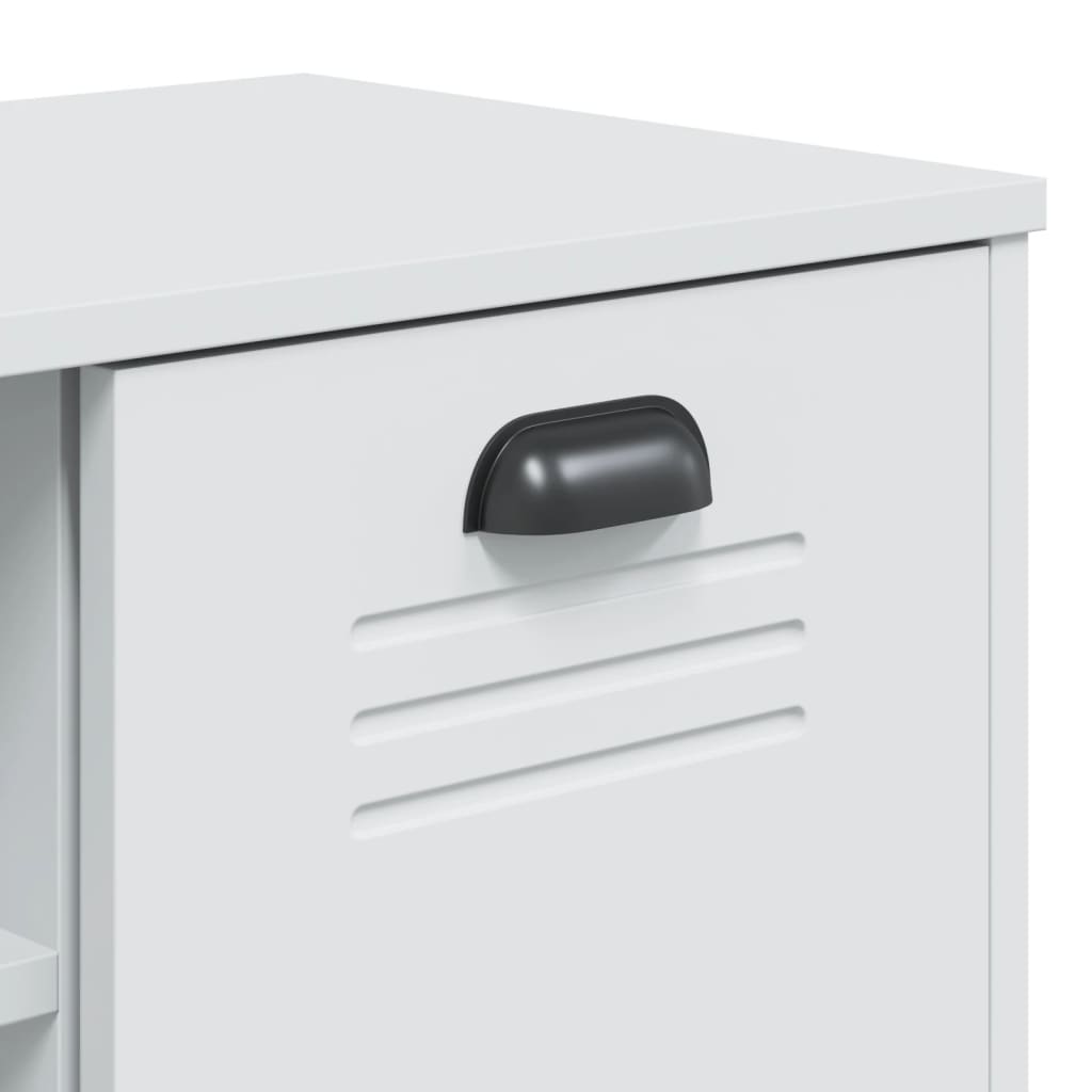 White Viken shoe bench with engineered wood, louvered door, and black handle.
