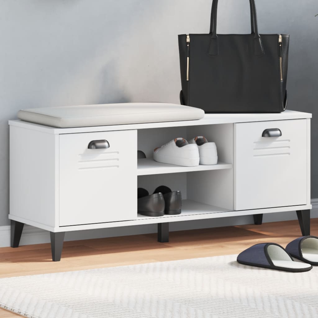 White Viken shoe bench with cushioned seat, louvered doors, open shelves for shoes, and angled legs.