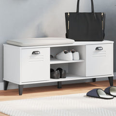 White Viken shoe bench with cushioned seat, louvered doors, open shelves for shoes, and angled legs.