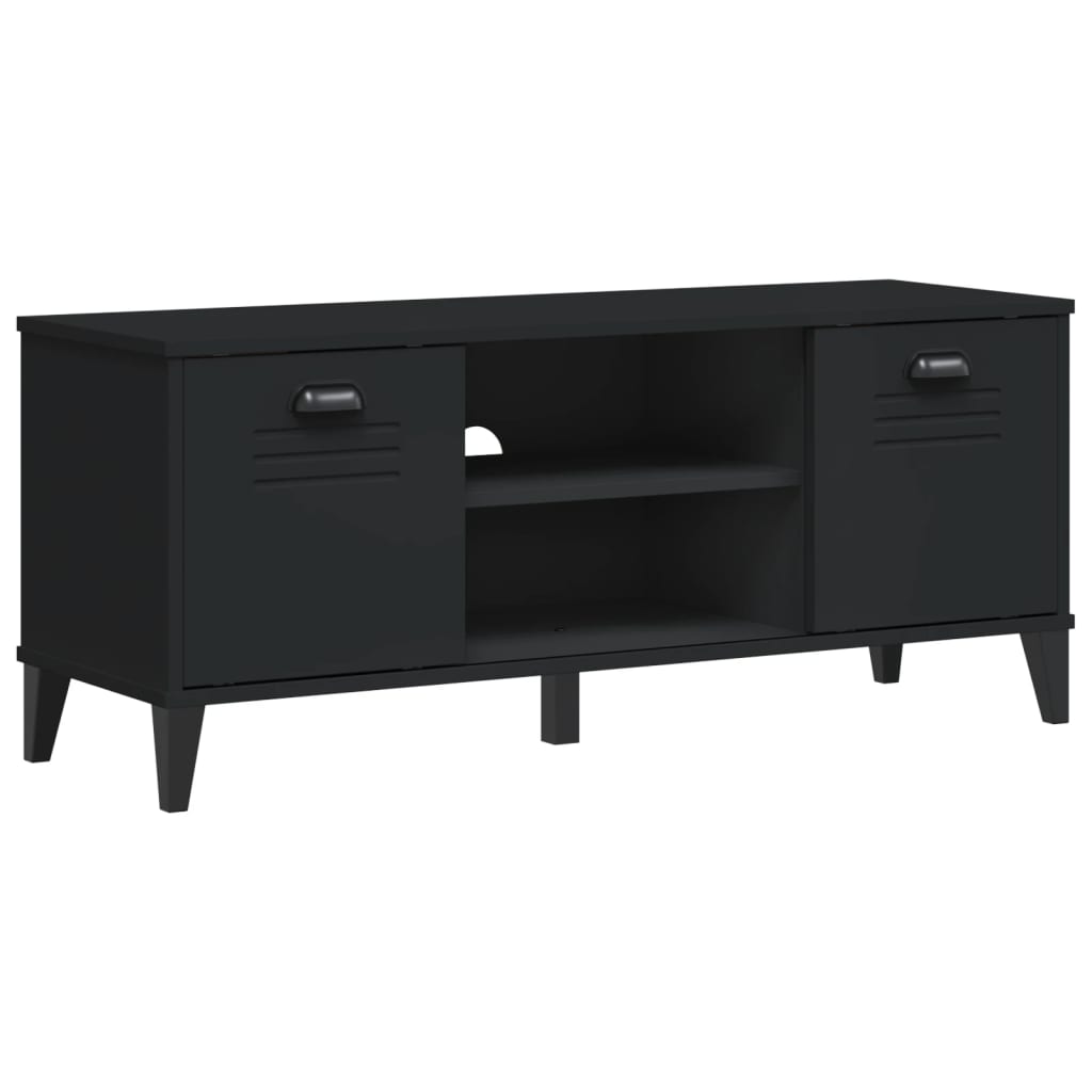 Black engineered wood shoe bench with storage cabinet, doors, shelves, and cubbies.