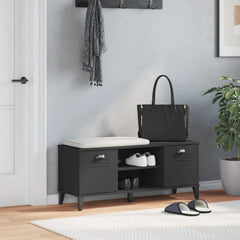 Black engineered wood shoe bench with storage cabinet, featuring doors, cubbies, and a cushioned seat.