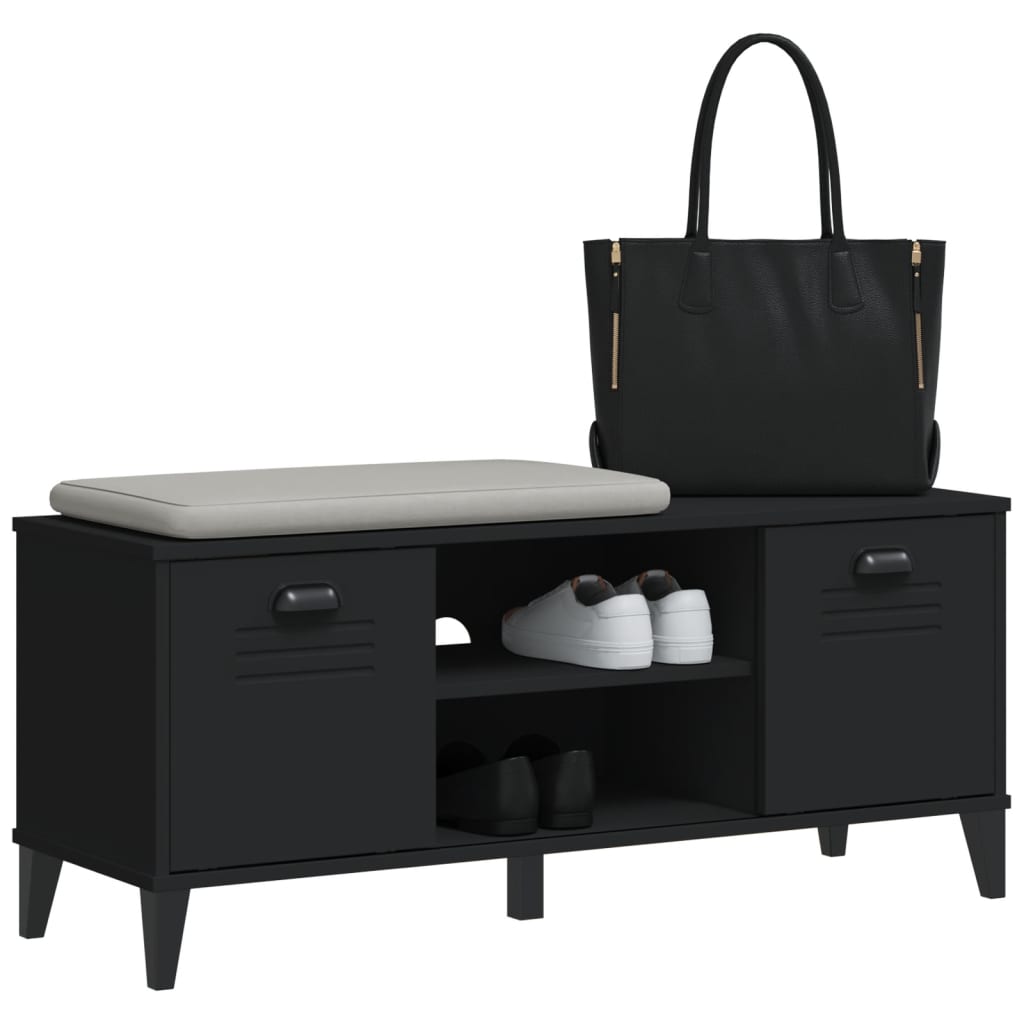 Black engineered wood shoe bench with storage cabinets, seat, and cubbies.