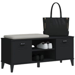 Black engineered wood shoe bench with storage cabinets, seat, and cubbies.