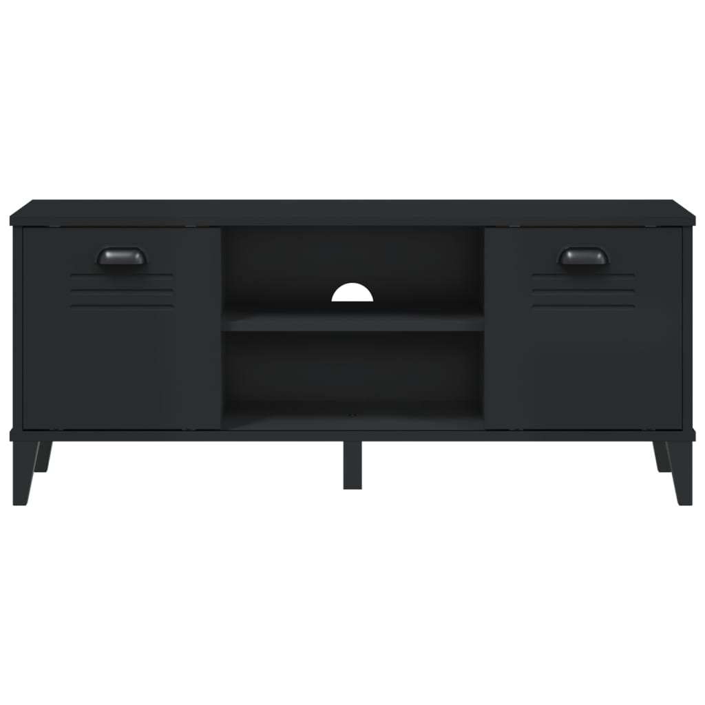 Black engineered wood shoe bench with storage cabinet, doors, shelves, and cubbies.
