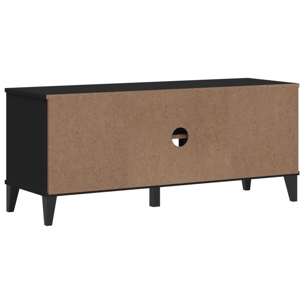 Black engineered wood shoe bench with storage cubbies, doors, and legs.