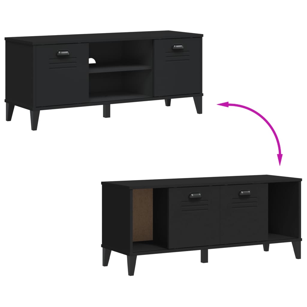 Black Viken shoe bench with engineered wood frame, open cubbies, and cabinet doors.
