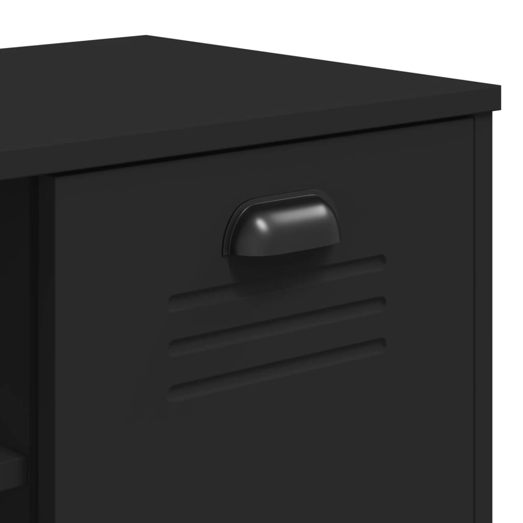 Black Viken shoe bench with engineered wood cabinet, featuring matte black doors, industrial handle, and ventilated sides.