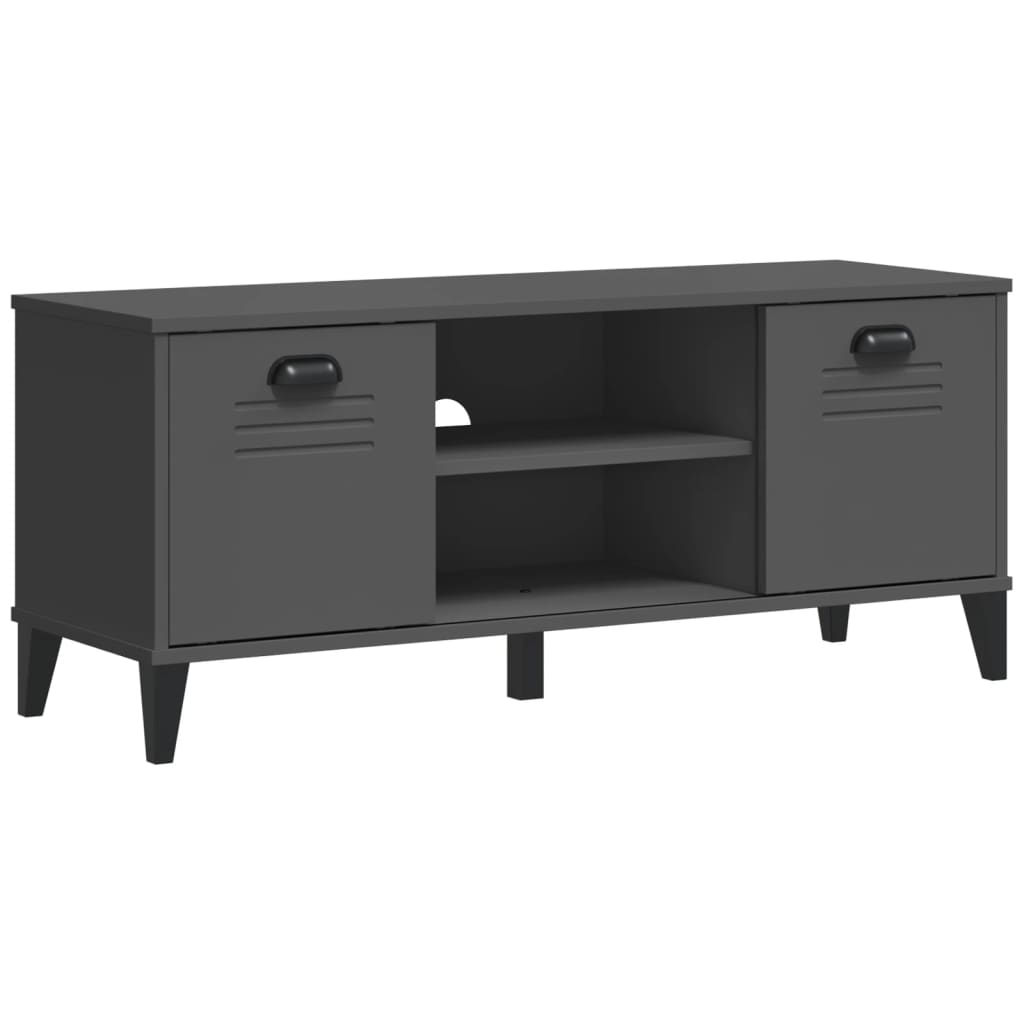 Anthracite gray engineered wood shoe bench with doors and cubbies, 41.7x13.8x17.7 inches.