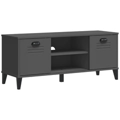 Anthracite gray engineered wood shoe bench with doors and cubbies, 41.7x13.8x17.7 inches.
