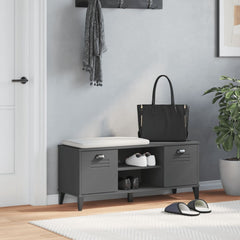 Anthracite gray engineered wood shoe bench with cushioned seat, louvered doors, open cubbies, and 41.7x13.8x17.7in size.