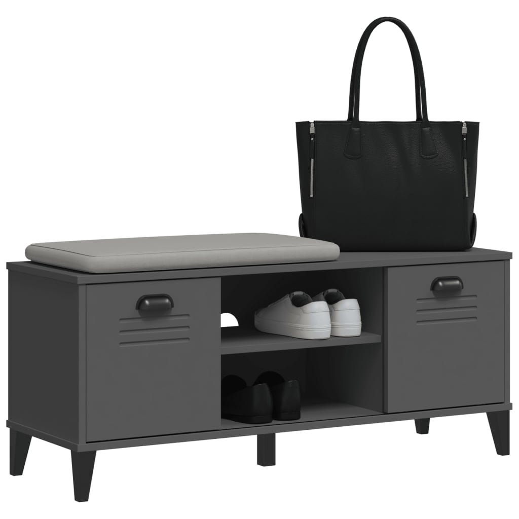 Anthracite gray engineered wood shoe bench with cushioned seat, doors, shelves, and sneakers displayed.