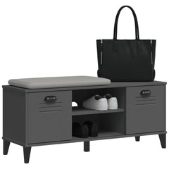 Anthracite gray engineered wood shoe bench with cushioned seat, doors, shelves, and sneakers displayed.