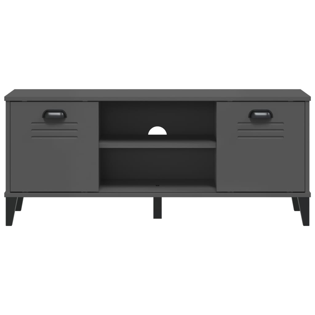 Anthracite gray engineered wood shoe bench with doors and cubbies, 41.7x13.8x17.7 inches.