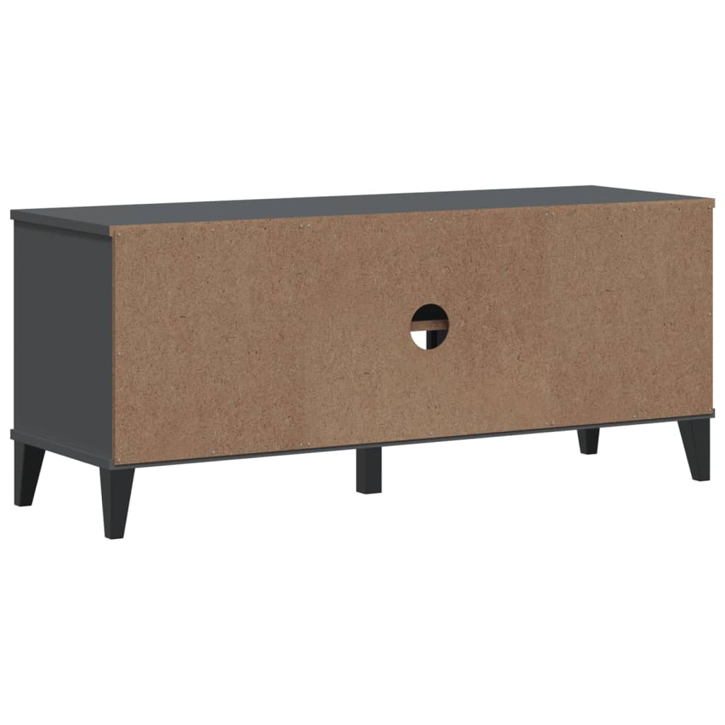 Anthracite gray engineered wood shoe bench with doors and cubbies, 41.7x13.8x17.7 inches.