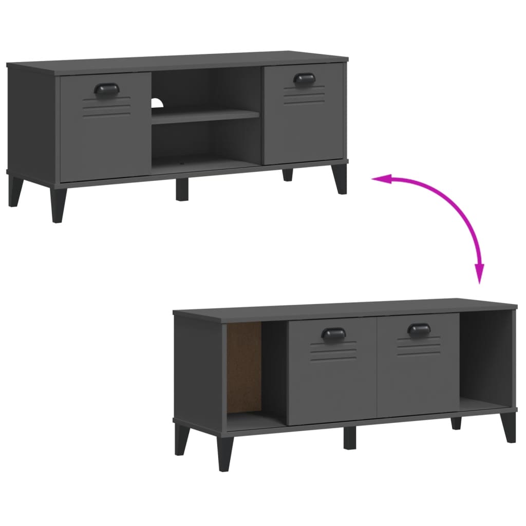 Anthracite gray engineered wood shoe bench with doors and cubbies, 41.7x13.8x17.7 inches.