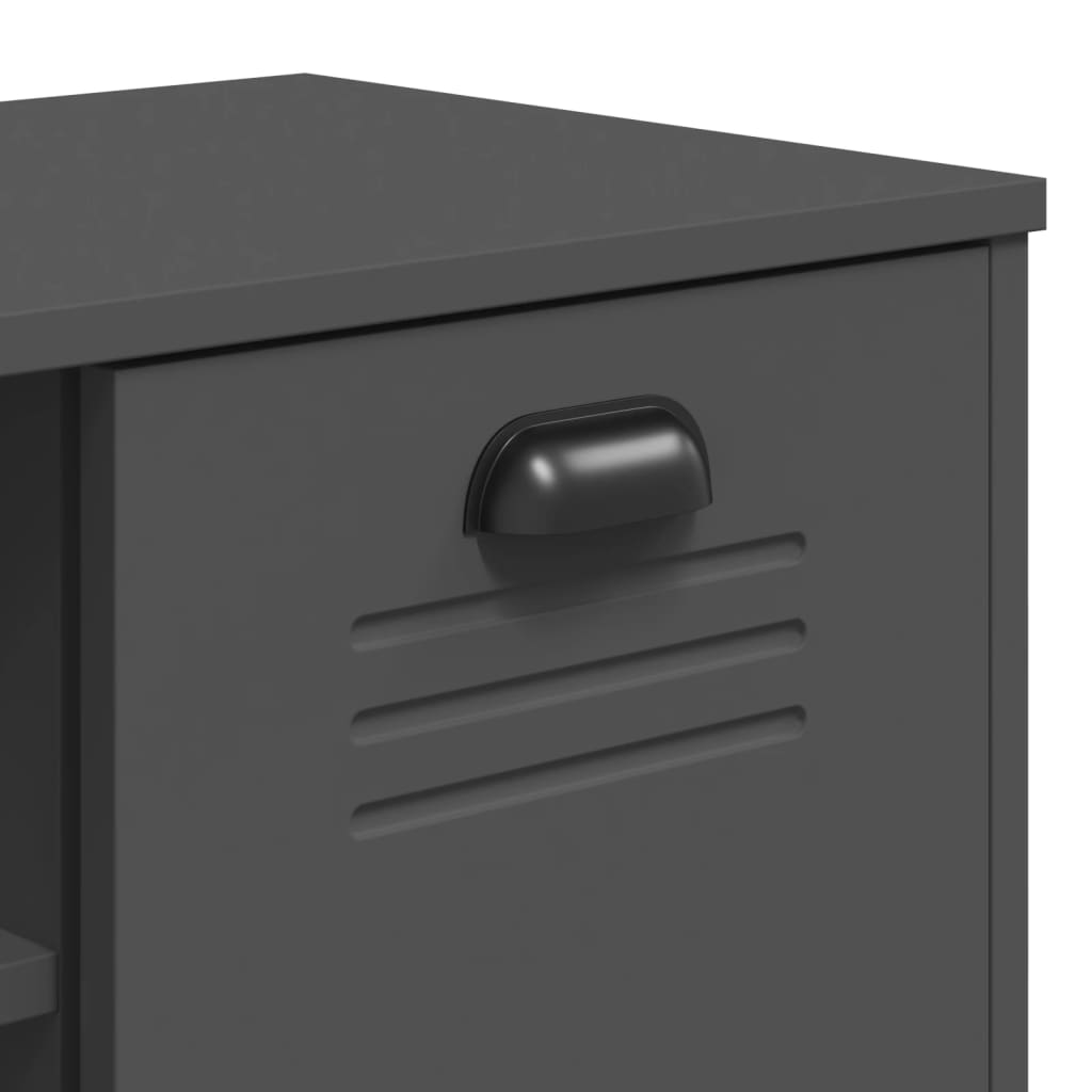 Anthracite gray engineered wood shoe bench with black handle and vents, 41.7x13.8x17.7 inches.