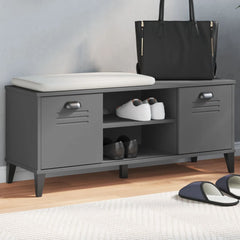 Anthracite gray engineered wood shoe bench with cushioned seat, two doors, open cubbies, and sneakers displayed.