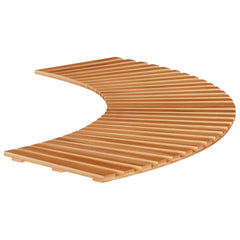 Two pieces of curved solid acacia wood hot tub steps with slatted surfaces.