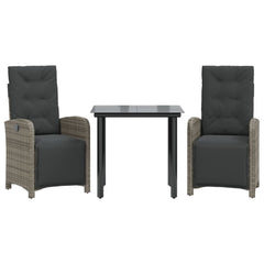 Bistro Set Grey, Black PE Rattan, Powder-Coated Steel, Tempered Glass