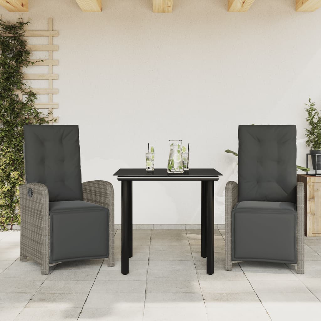 Bistro Set Grey, Black PE Rattan, Powder-Coated Steel, Tempered Glass